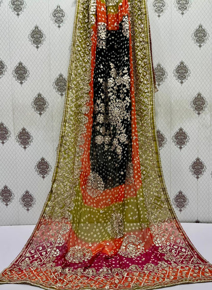 Handmade Chunri & LCD Gota Work Bamber Chiffon Dupatta - Mehndi Green & Black