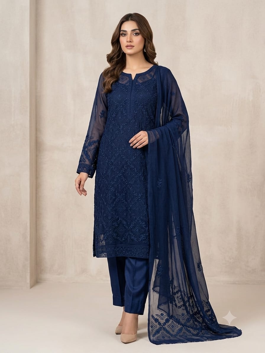 Pakka Tanka Handmade Shirt & Dupatta - Dark Blue, worn
