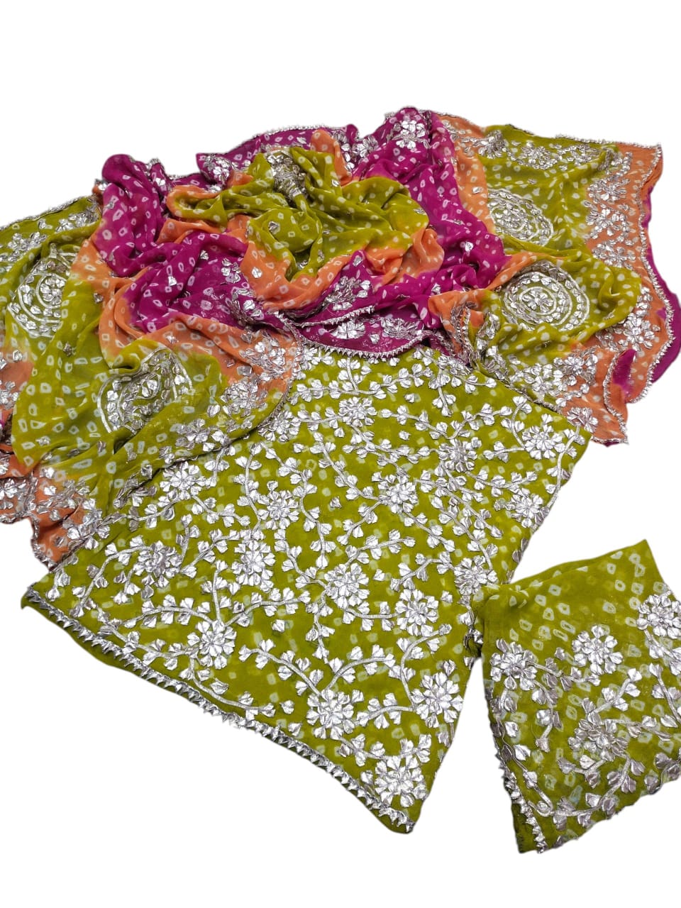 Gota & Chunri Work Shirt & Dupatta - Olive Green