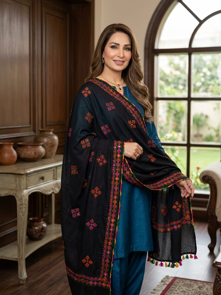 Handmade Taj Lawn Shawl - Black Multi (worn)