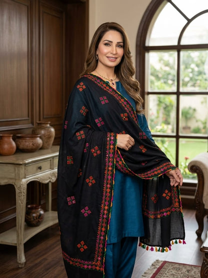 Handmade Taj Lawn Shawl - Black Multi (worn)