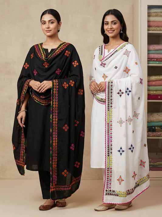 Handmade Taj Lawn Shawl - Black Multi and White Multi