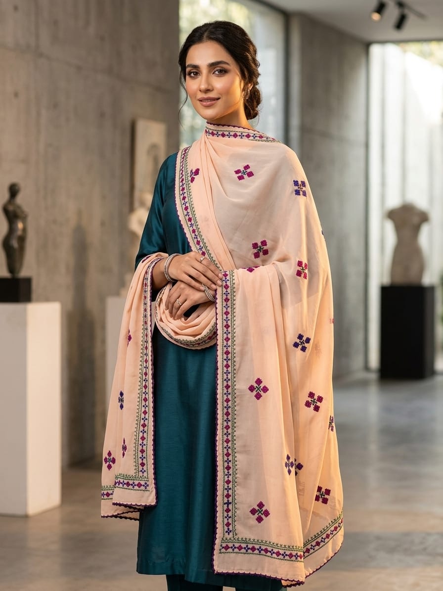 Handmade Taj Lawn Shawl - Peach (worn)