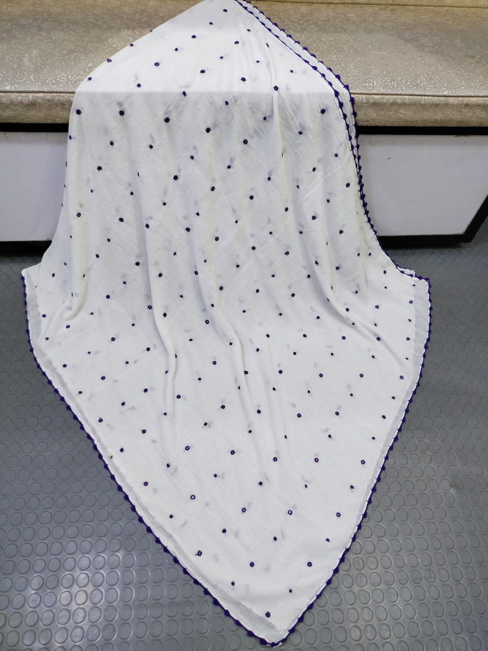 Handmade Taj Lawn Shawl - White Blue Dots