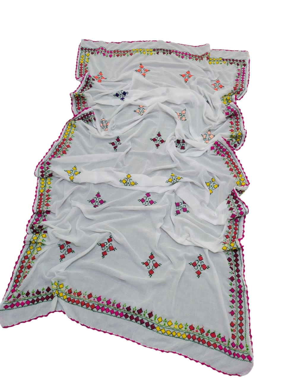 Handmade Taj Lawn Shawl - White Multi (flat)