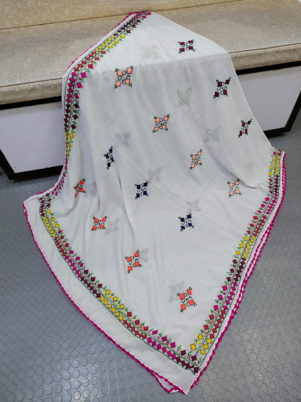 Handmade Taj Lawn Shawl - White Multi