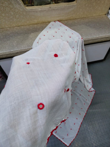 Handmade Taj Lawn Shawl - White Red Dots (close-up)