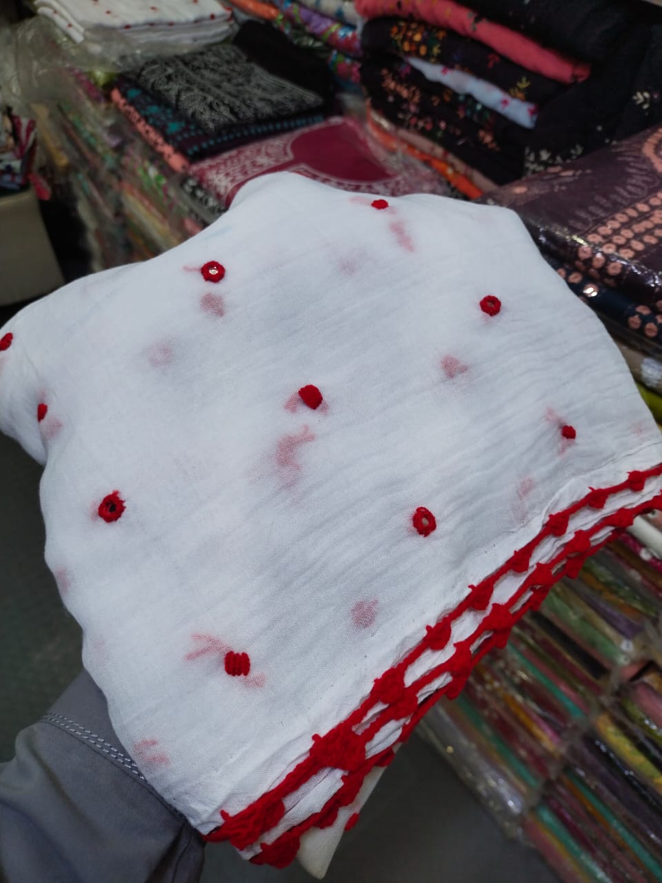 Handmade Taj Lawn Shawl - White Red Dots (detail)