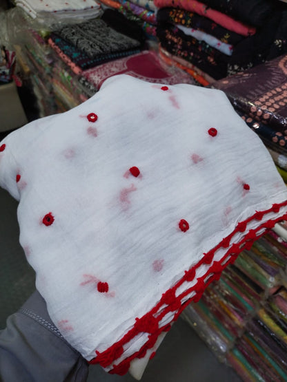 Handmade Taj Lawn Shawl - White Red Dots (detail)