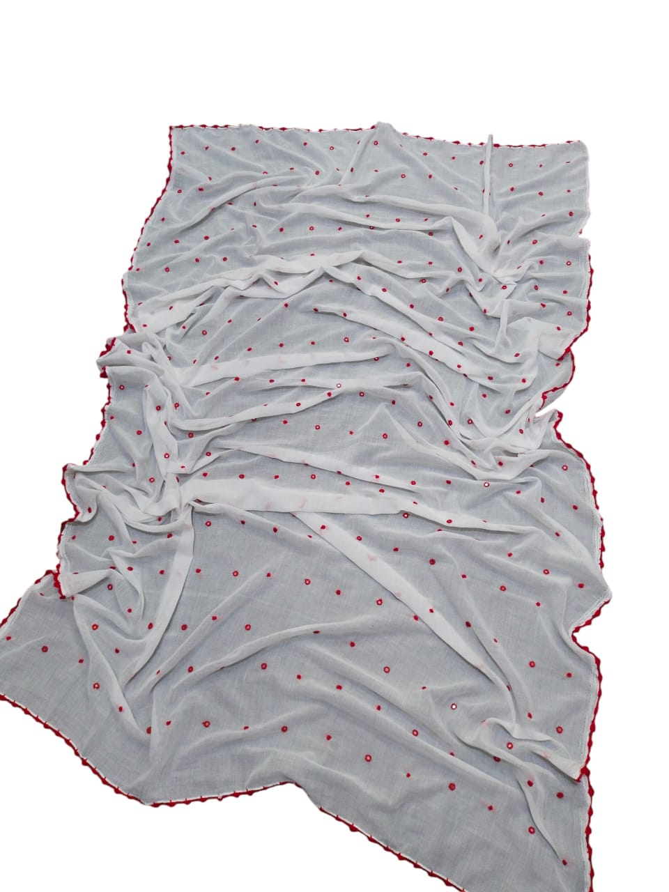 Handmade Taj Lawn Shawl - White Red Dots (flat)