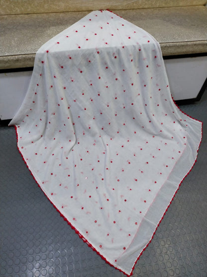 Handmade Taj Lawn Shawl - White Red Dots