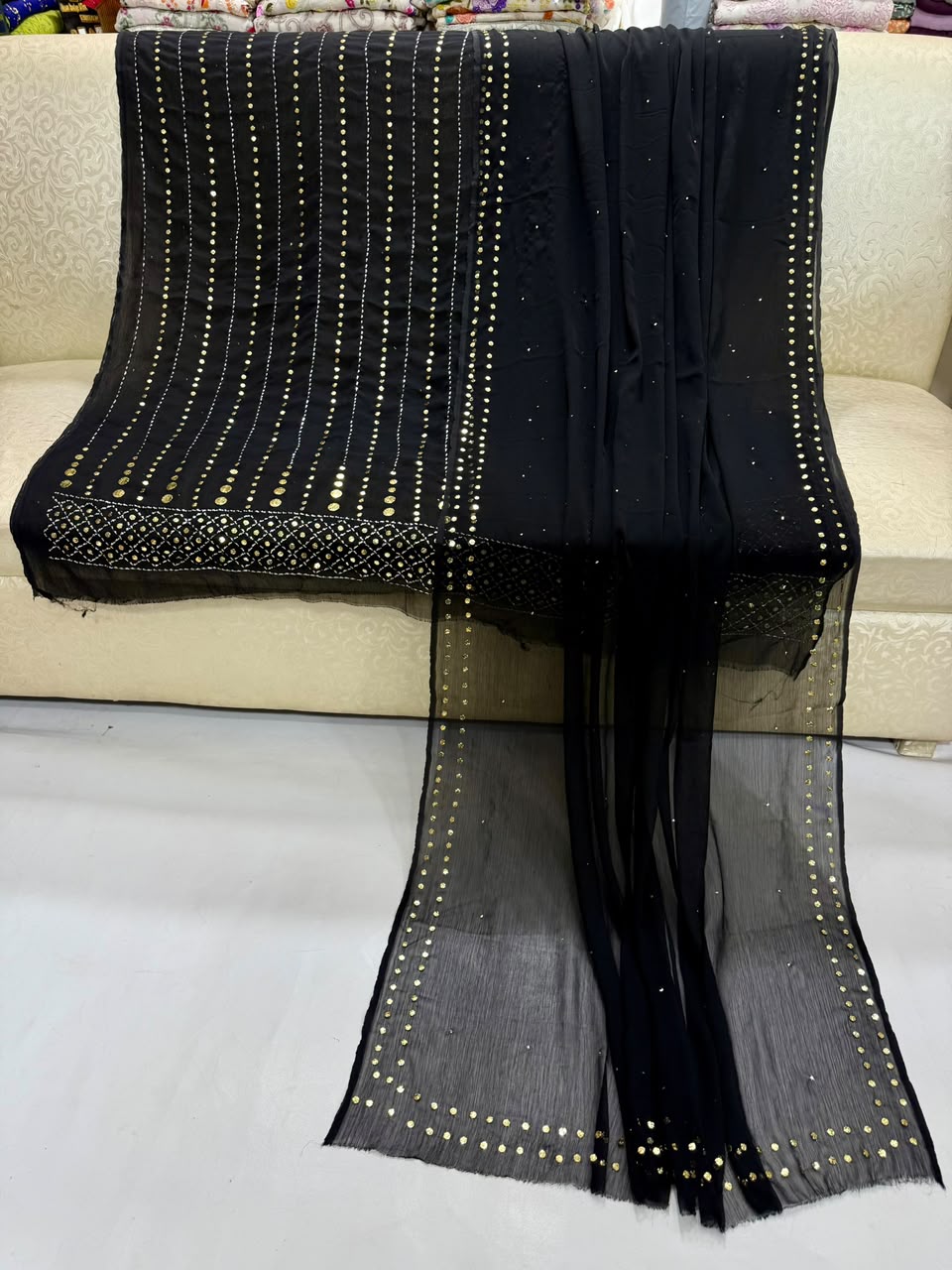 Handmade Heavy Mukesh Work Bamber Chiffon Suit - Black Golden