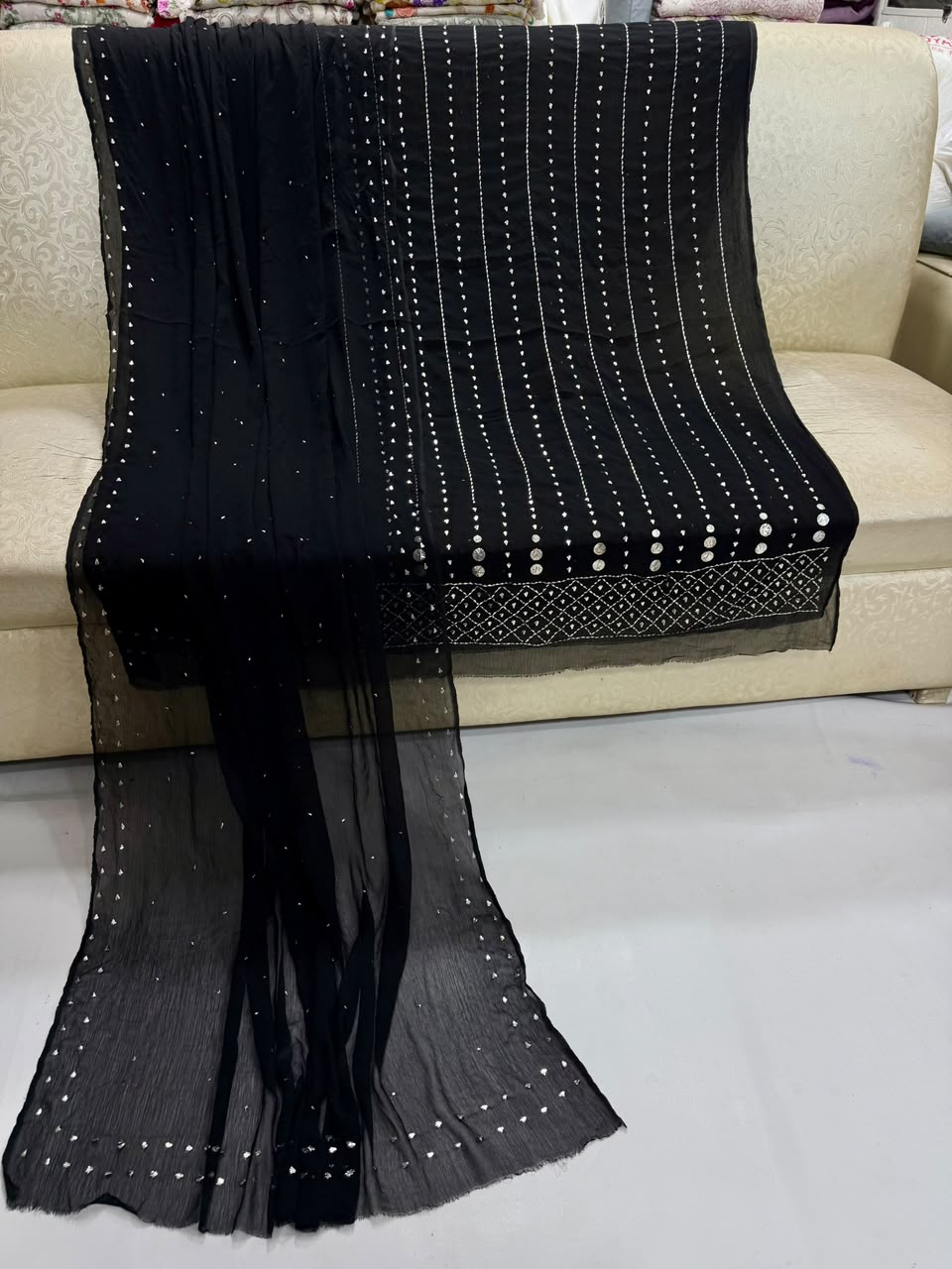 Handmade Heavy Mukesh Work Bamber Chiffon Suit - Black Silver