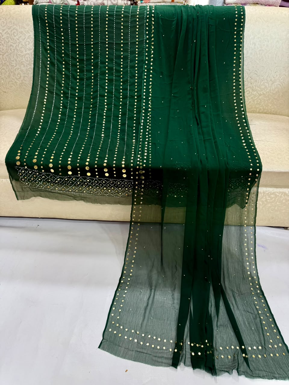 Handmade Heavy Mukesh Work Bamber Chiffon Suit - Bottle Green