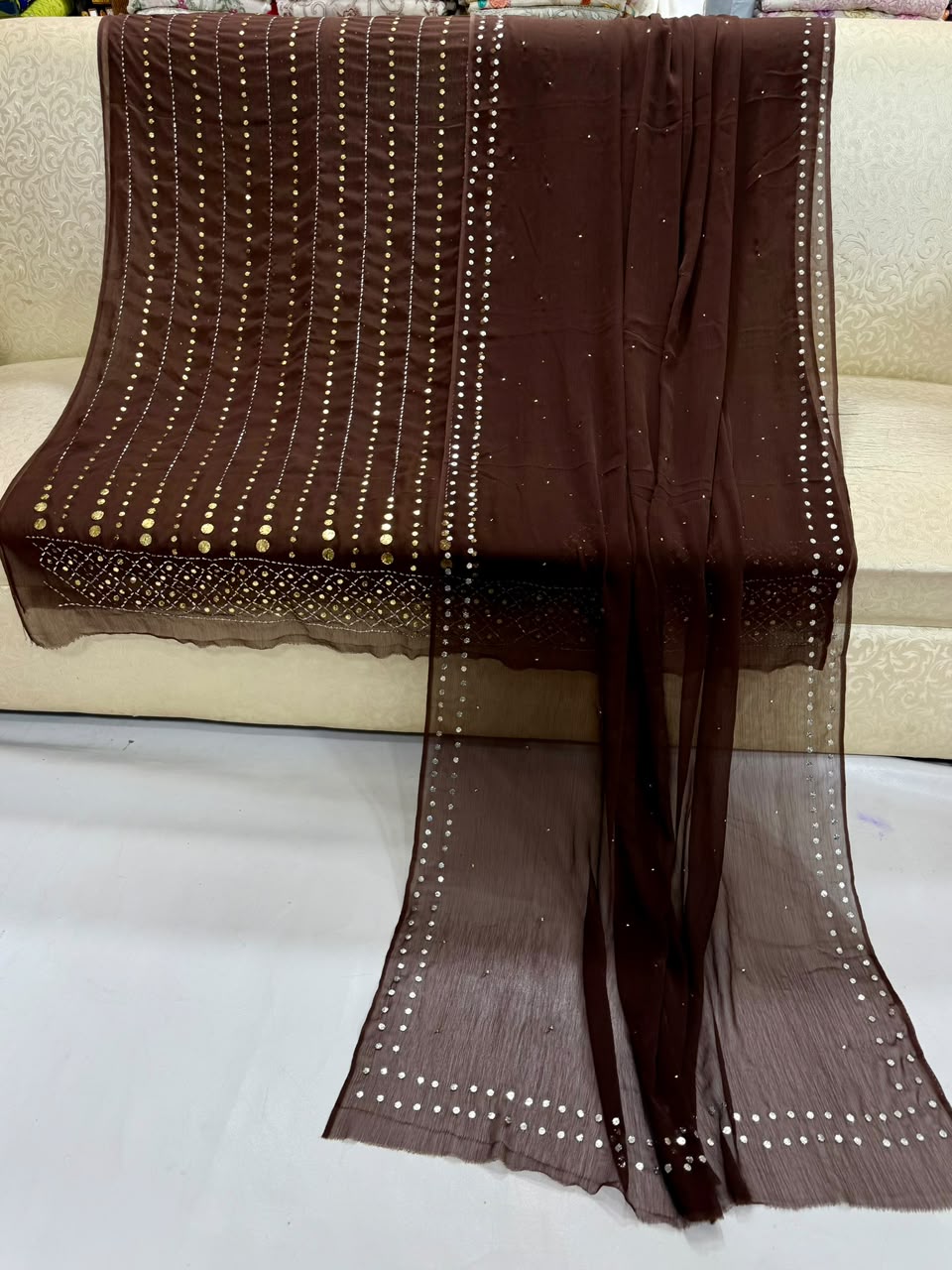 Handmade Heavy Mukesh Work Bamber Chiffon Suit - Brown