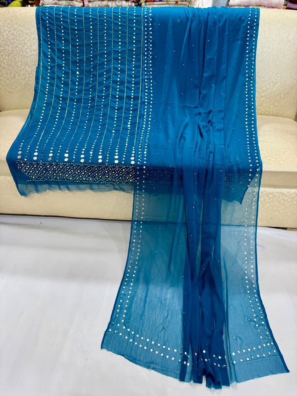 Handmade Heavy Mukesh Work Bamber Chiffon Suit - Ferozi Blue