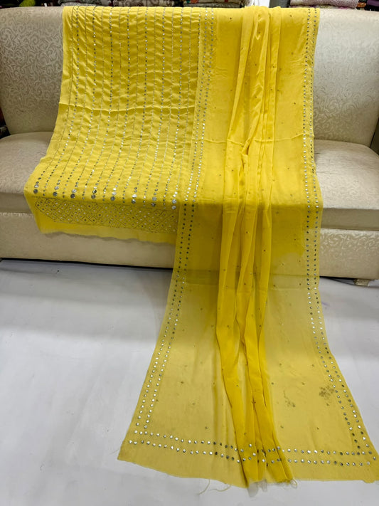Handmade Heavy Mukesh Work Bamber Chiffon Suit - Lemon Yellow