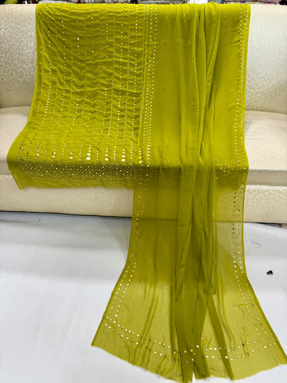 Handmade Heavy Mukesh Work Bamber Chiffon Suit - Lime Green