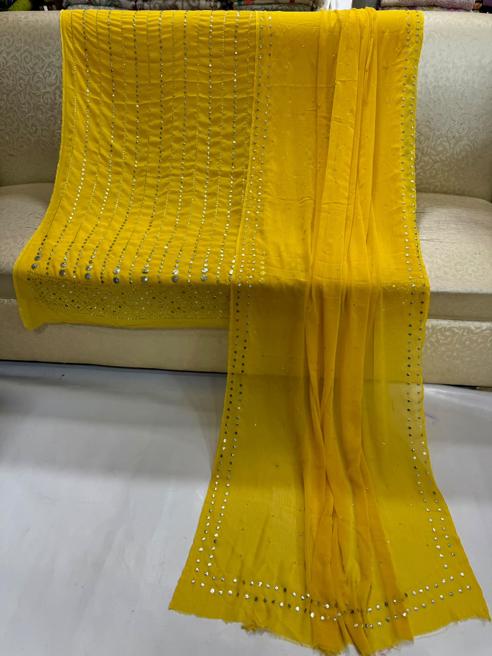 Handmade Heavy Mukesh Work Bamber Chiffon Suit - Mustard