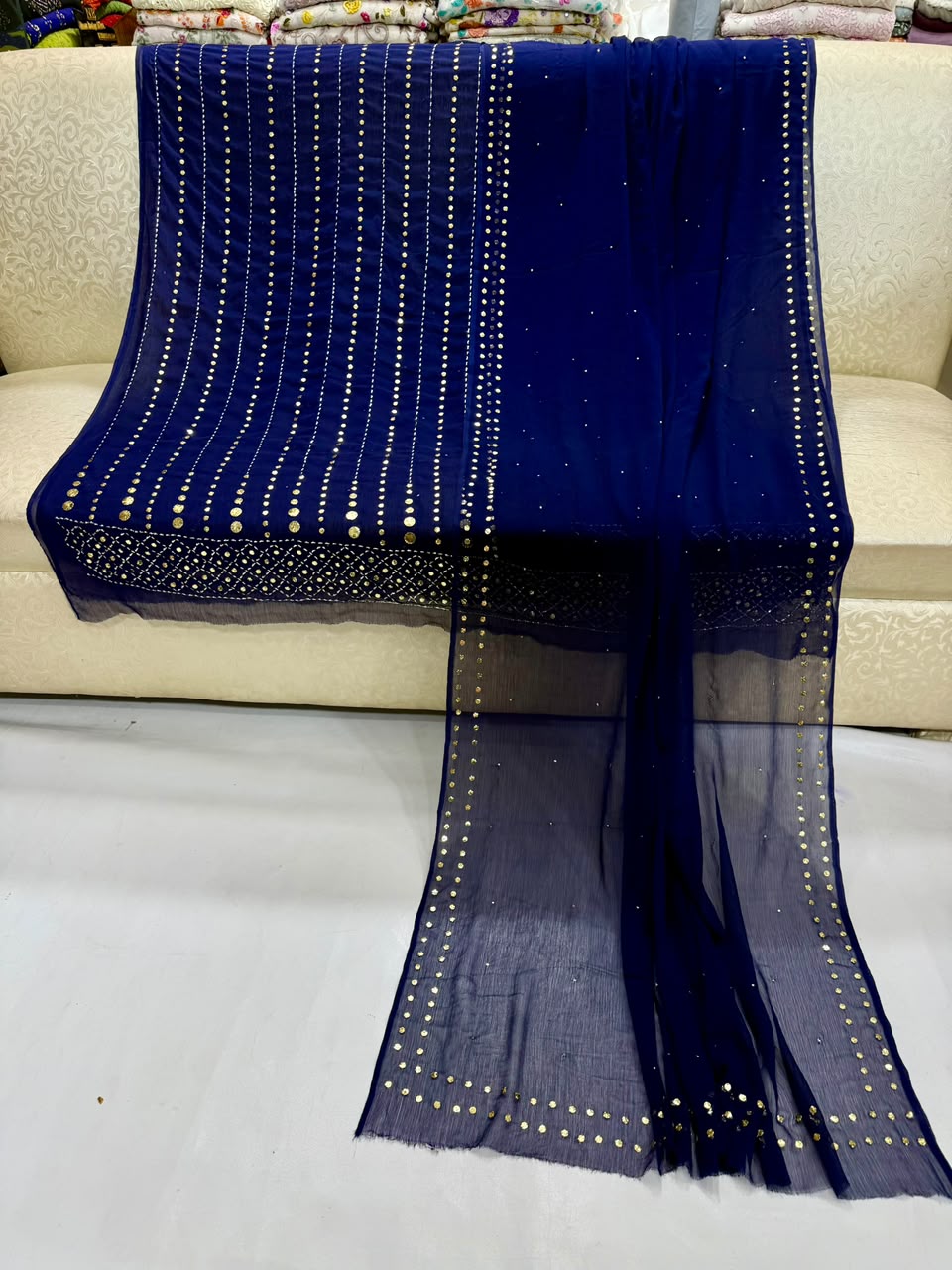 Handmade Heavy Mukesh Work Bamber Chiffon Suit - Navy Blue