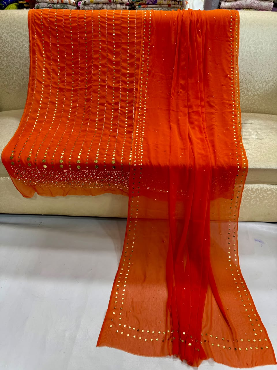 Handmade Heavy Mukesh Work Bamber Chiffon Suit - Orange