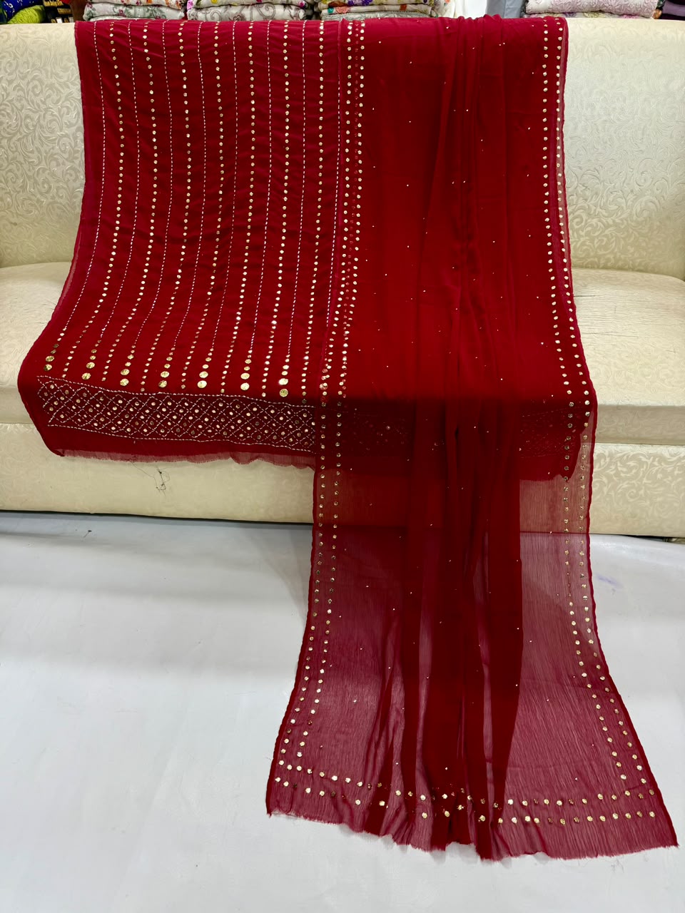 Handmade Heavy Mukesh Work Bamber Chiffon Suit - Red