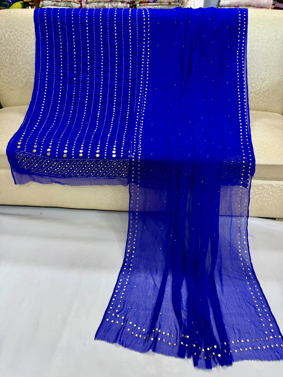 Handmade Heavy Mukesh Work Bamber Chiffon Suit - Royal Blue