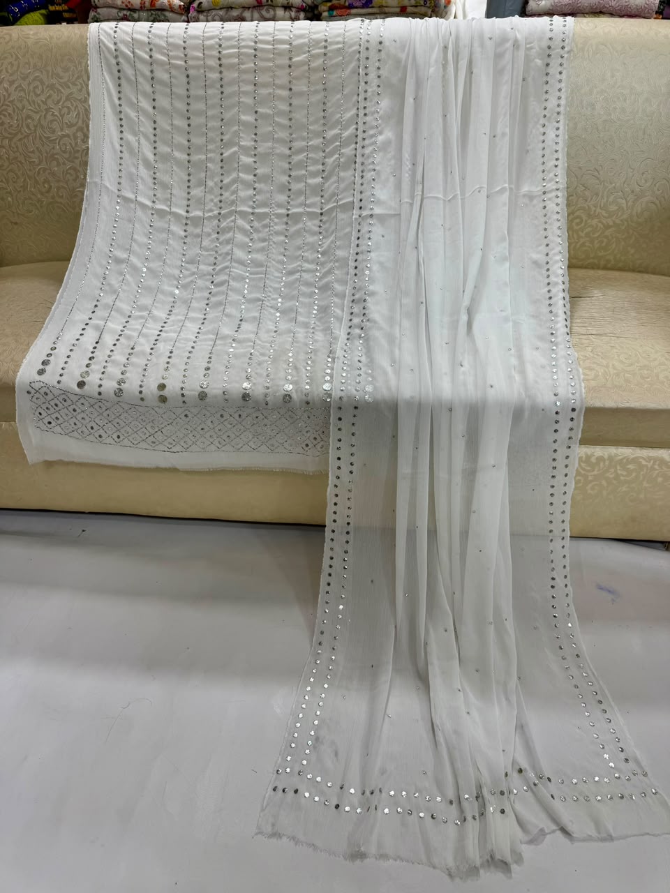 Handmade Heavy Mukesh Work Bamber Chiffon Suit - White