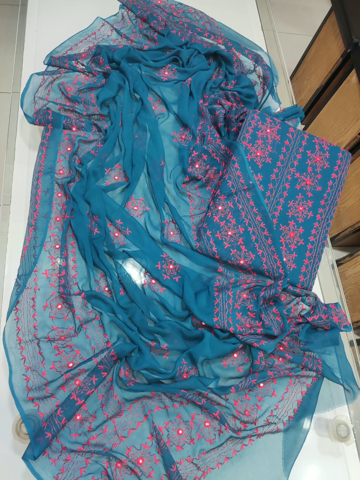 Jaal Sheesha Work Suit - Peacock Blue