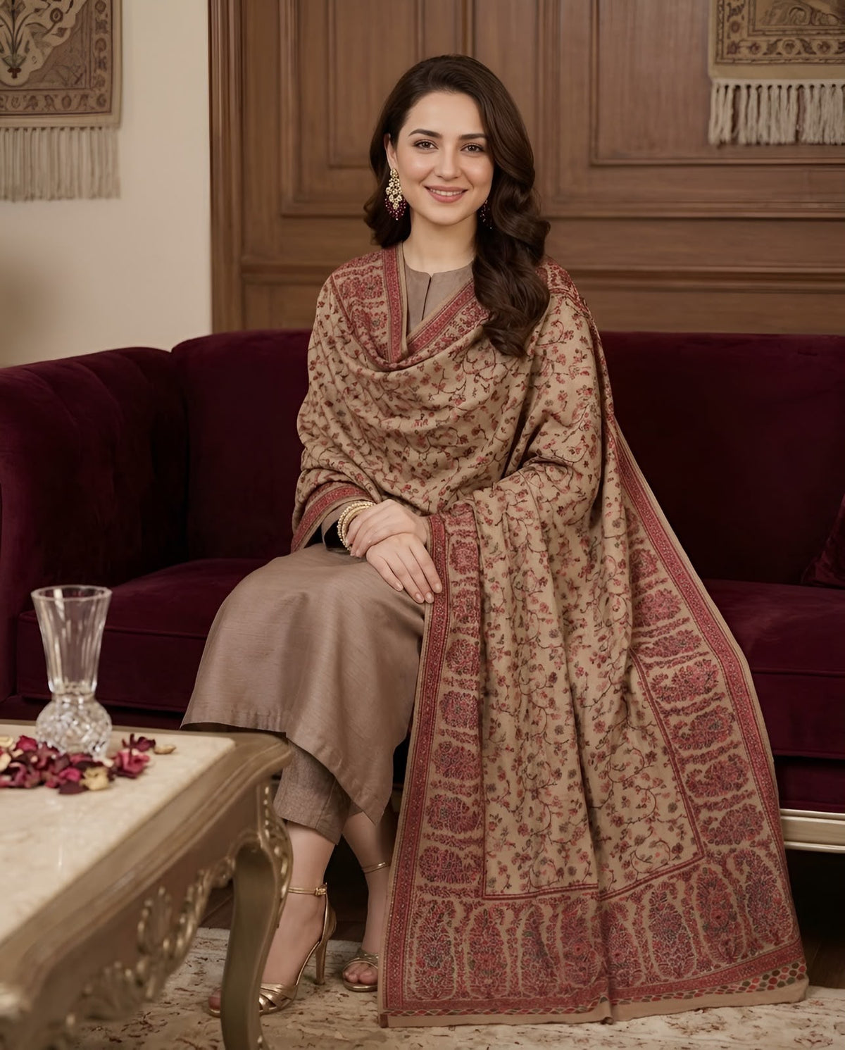 Pure Pashmina Kaani Work Shawl, worn