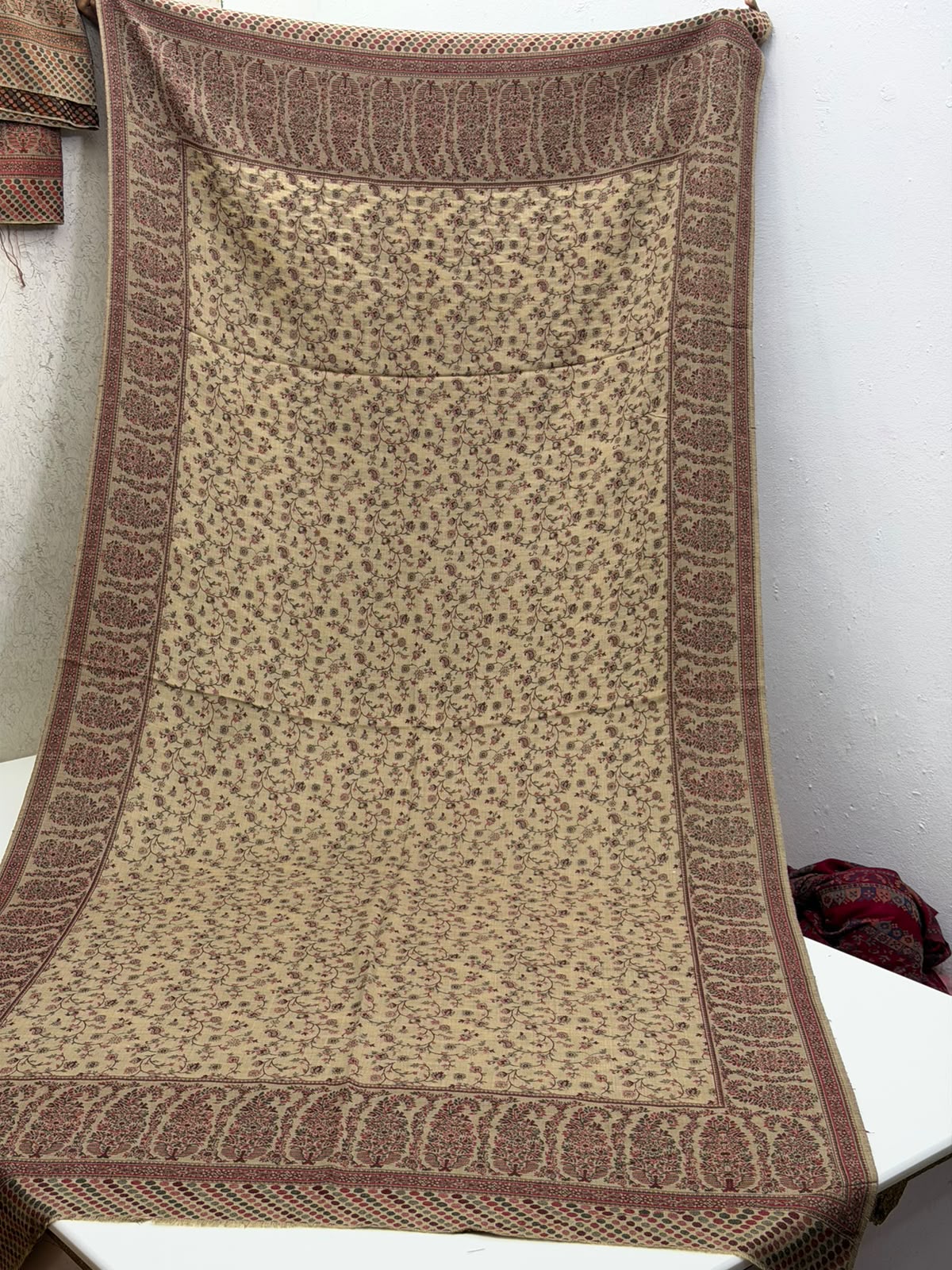 Pure Pashmina Kaani Work Shawl, flat lay