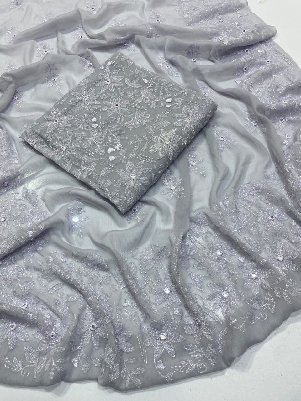Dark Blue - Handmade Floral Kacha Tanka Suit - Silver Grey