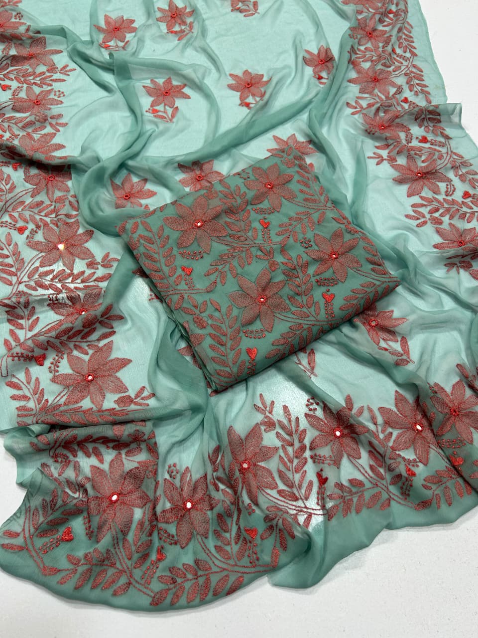 Kacha Tanka Hand Embroidery Mirror Work - Mint Green (alt)