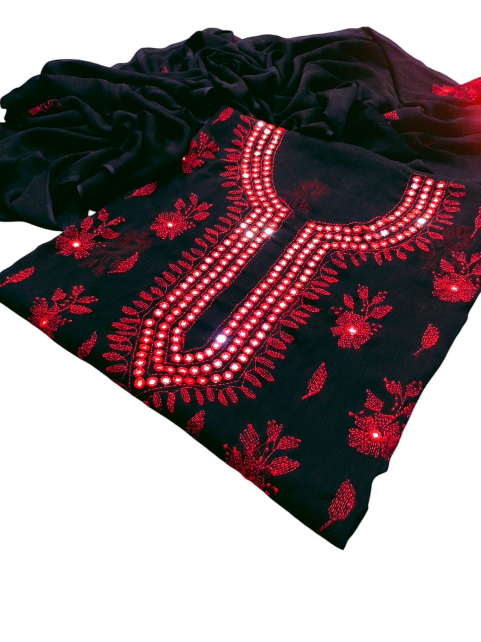 Handmade Kacha Mirror Gala Work Suit - 2Pc Shirt & Dupatta - Black