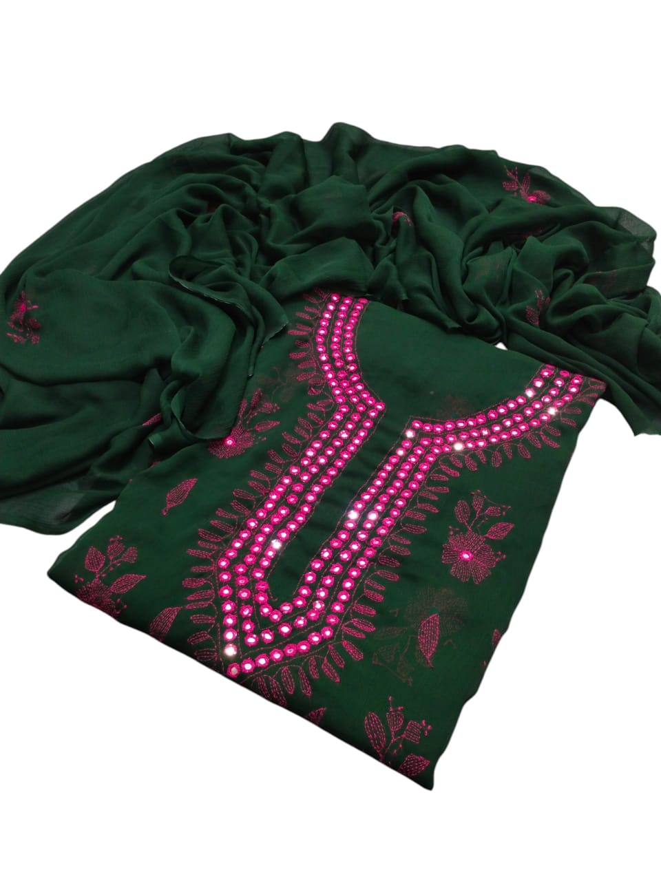 Handmade Kacha Mirror Gala Work Suit - 2Pc Shirt & Dupatta - Bottle Green