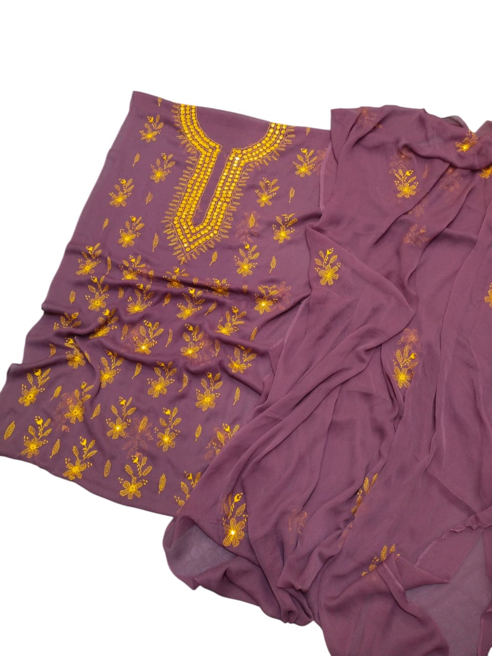 Handmade Kacha Mirror Gala Work Suit - 2Pc Shirt & Dupatta - Mauve