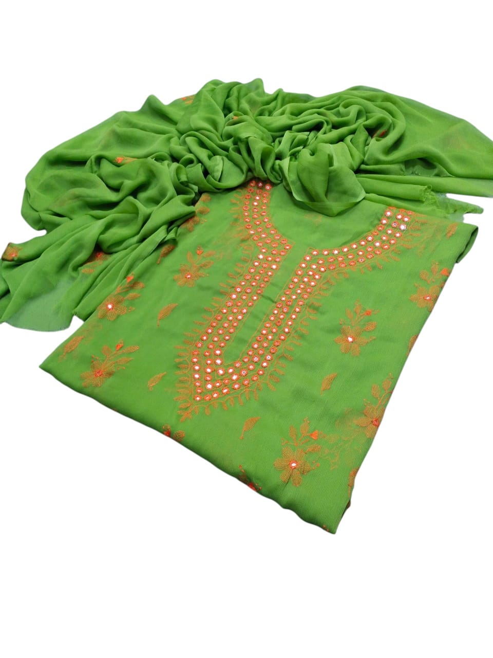 Handmade Kacha Mirror Gala Work Suit - 2Pc Shirt & Dupatta - Parrot Green