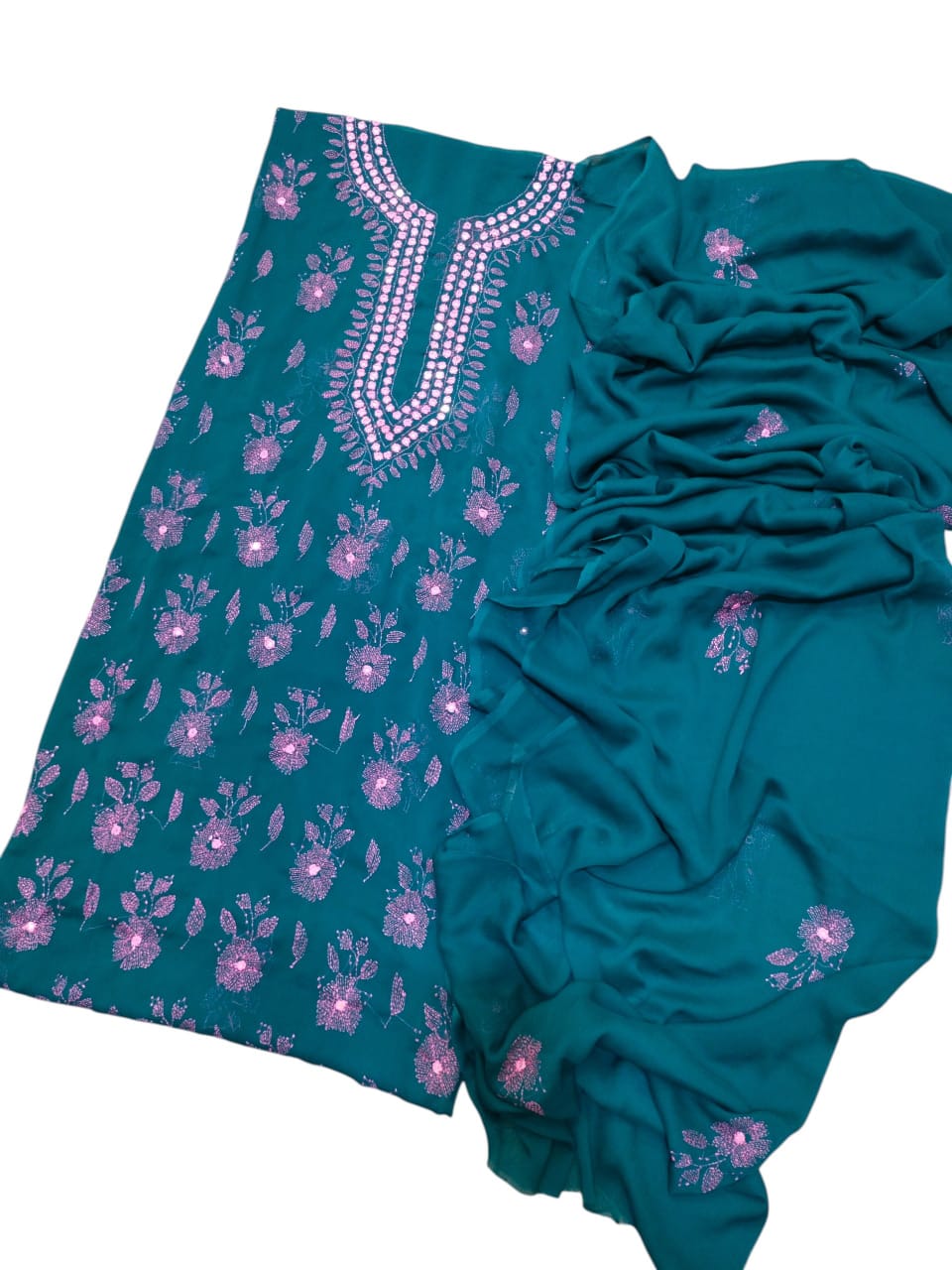 Handmade Kacha Mirror Gala Work Suit - 2Pc Shirt & Dupatta - Peacock Blue