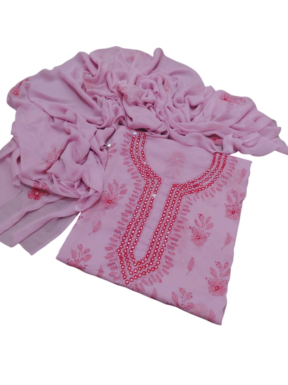 Handmade Kacha Mirror Gala Work Suit - 2Pc Shirt & Dupatta - Pink