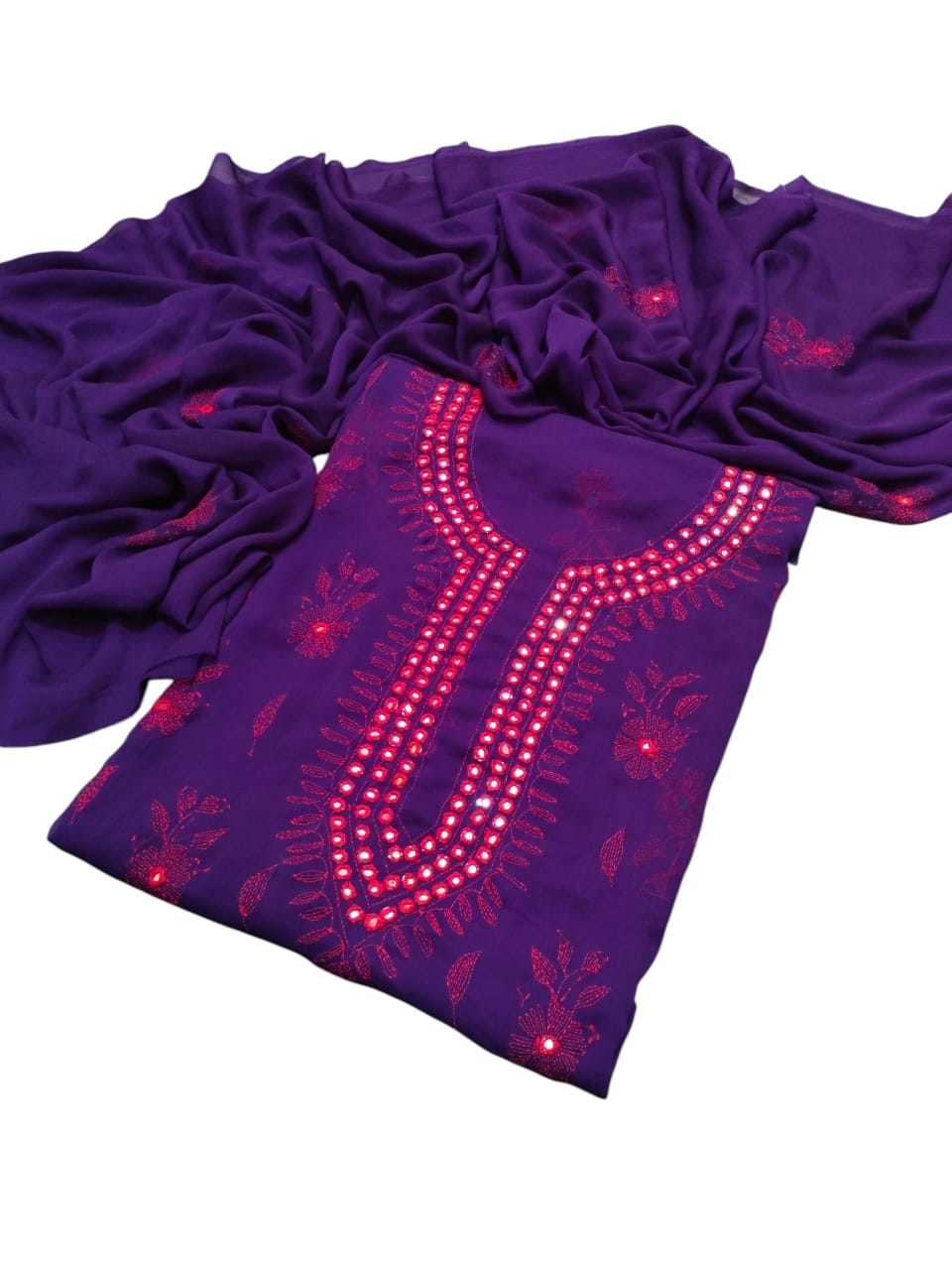 Handmade Kacha Mirror Gala Work Suit - 2Pc Shirt & Dupatta - Purple