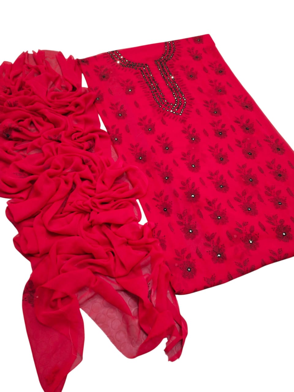 Handmade Kacha Mirror Gala Work Suit - 2Pc Shirt & Dupatta - Red