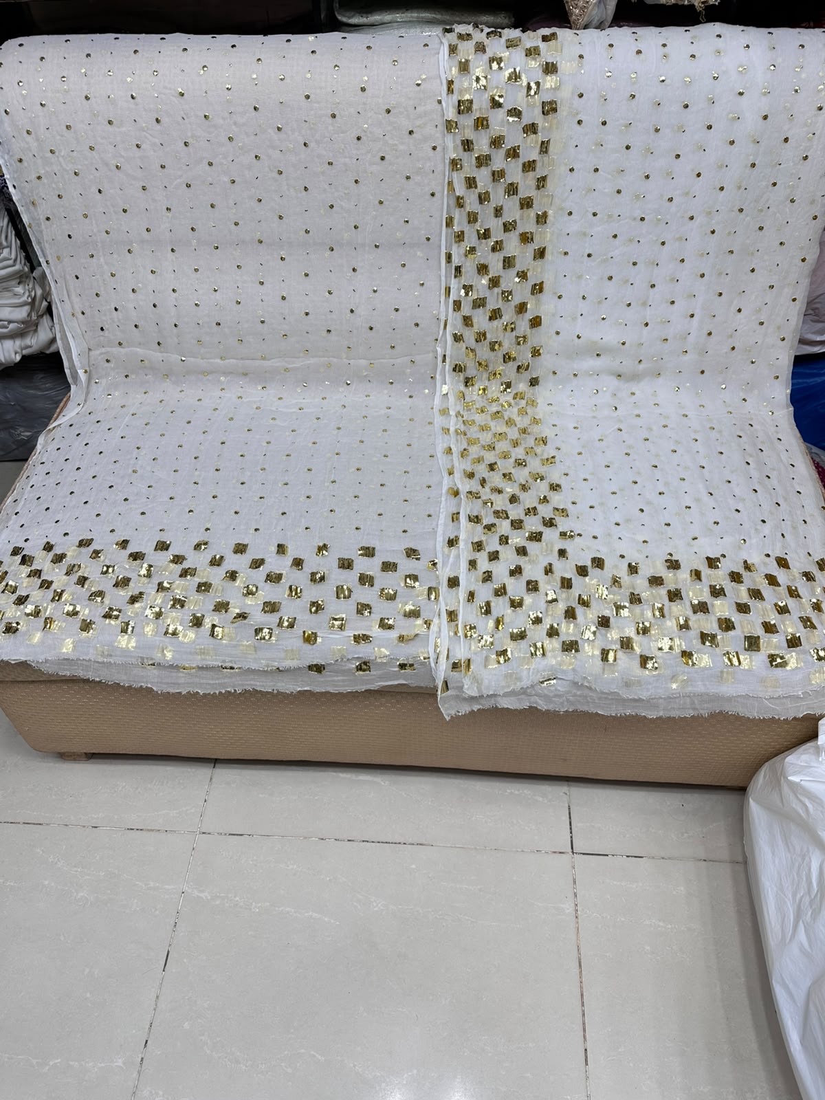 Handmade Kamdani Work Pure Chiffon Suit - White with Golden Kamdani