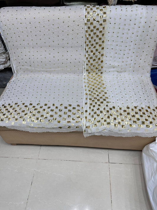 Handmade Kamdani Work Pure Chiffon Suit - White with Golden Kamdani