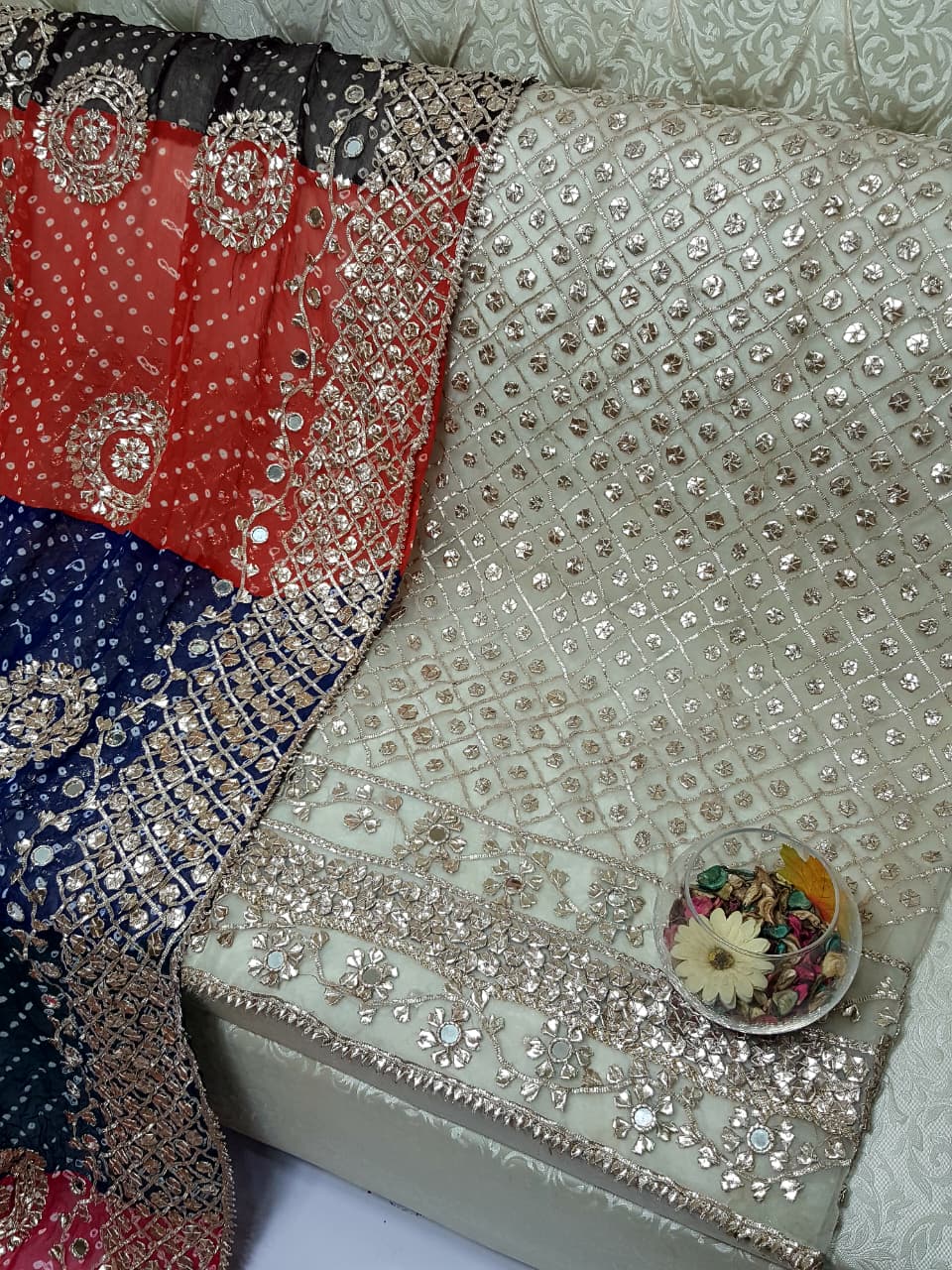 Boutique LCD Gota chunri dupatta & organza shirt close-up
