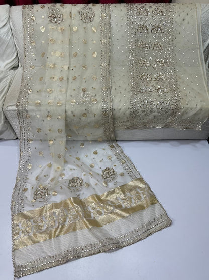 Handmade LCD Gota & Pearl Work Organza Suit - Dupatta border detail