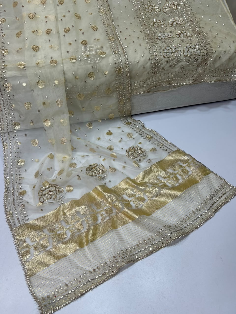 Handmade LCD Gota & Pearl Work Organza Suit - Organza dupatta with LCD gota border