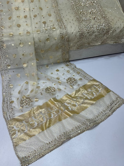 Handmade LCD Gota & Pearl Work Organza Suit - Organza dupatta with LCD gota border