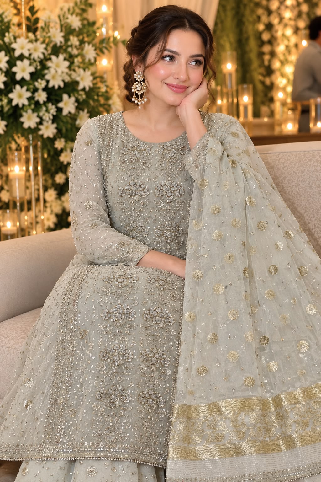 Handmade LCD Gota & Pearl Work Organza Suit - Model wearing the suit