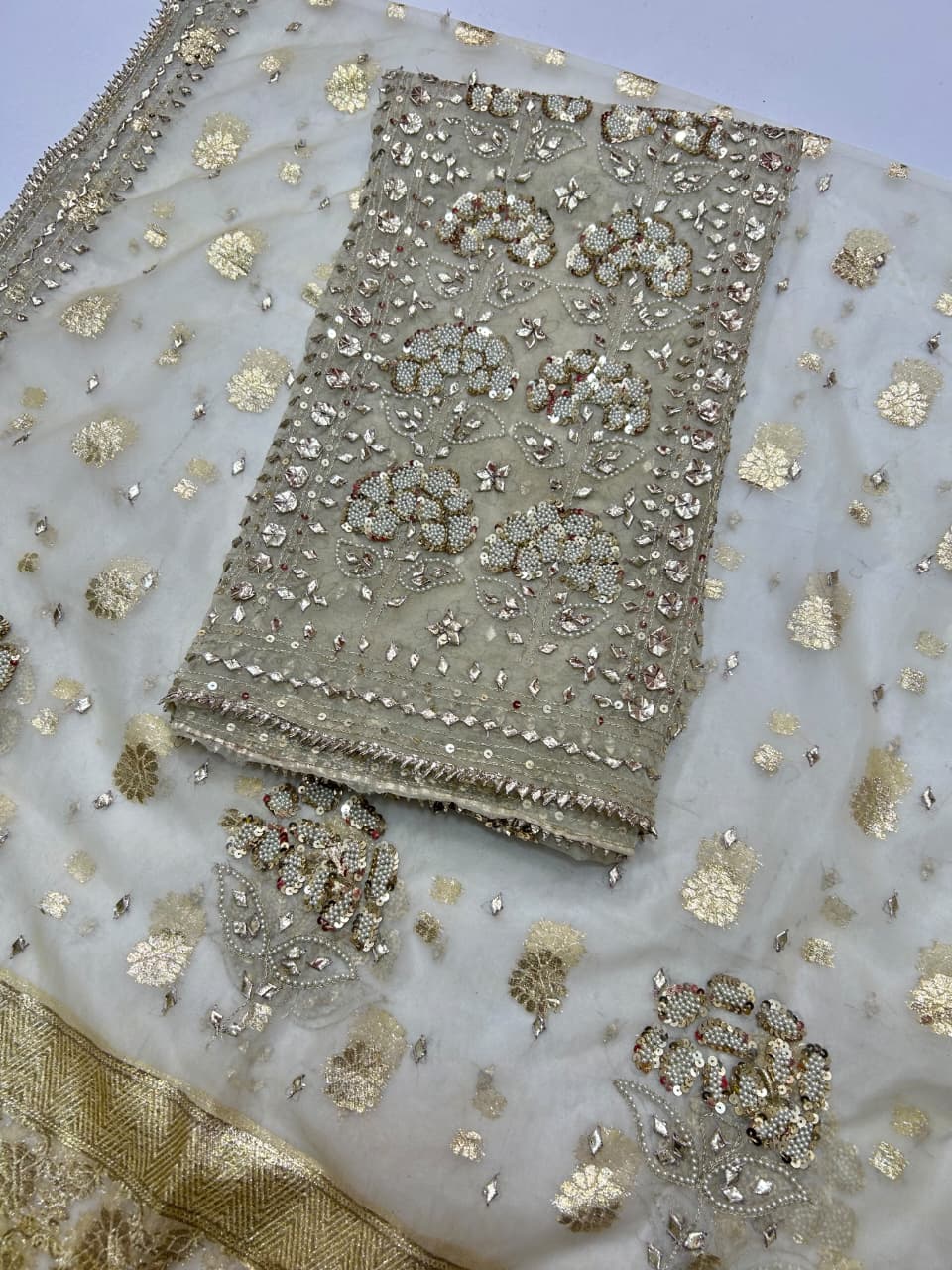 Handmade LCD Gota & Pearl Work Organza Suit - Shirt and dupatta set