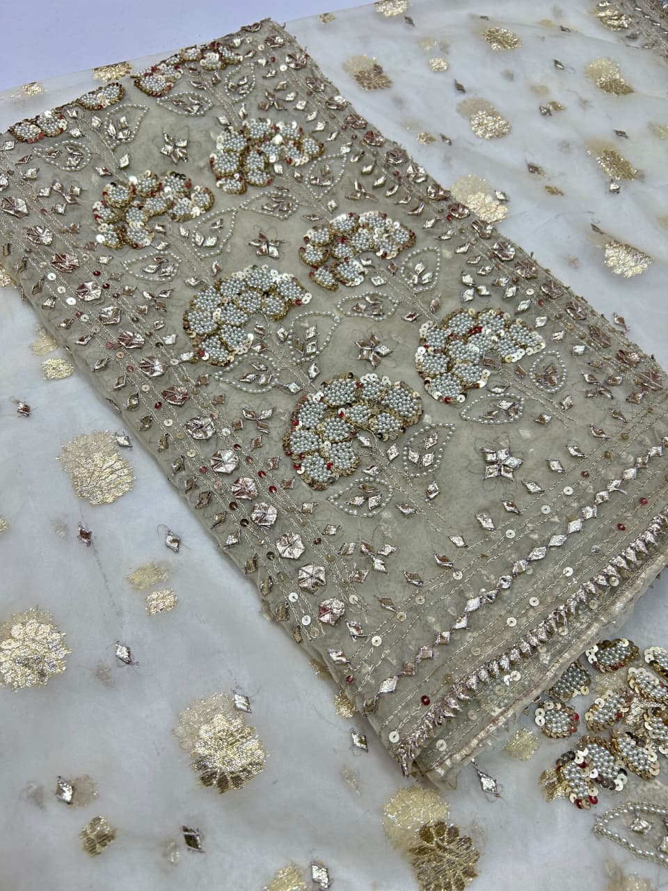 Handmade LCD Gota & Pearl Work Organza Suit - Shirt front with LCD gota and pearls